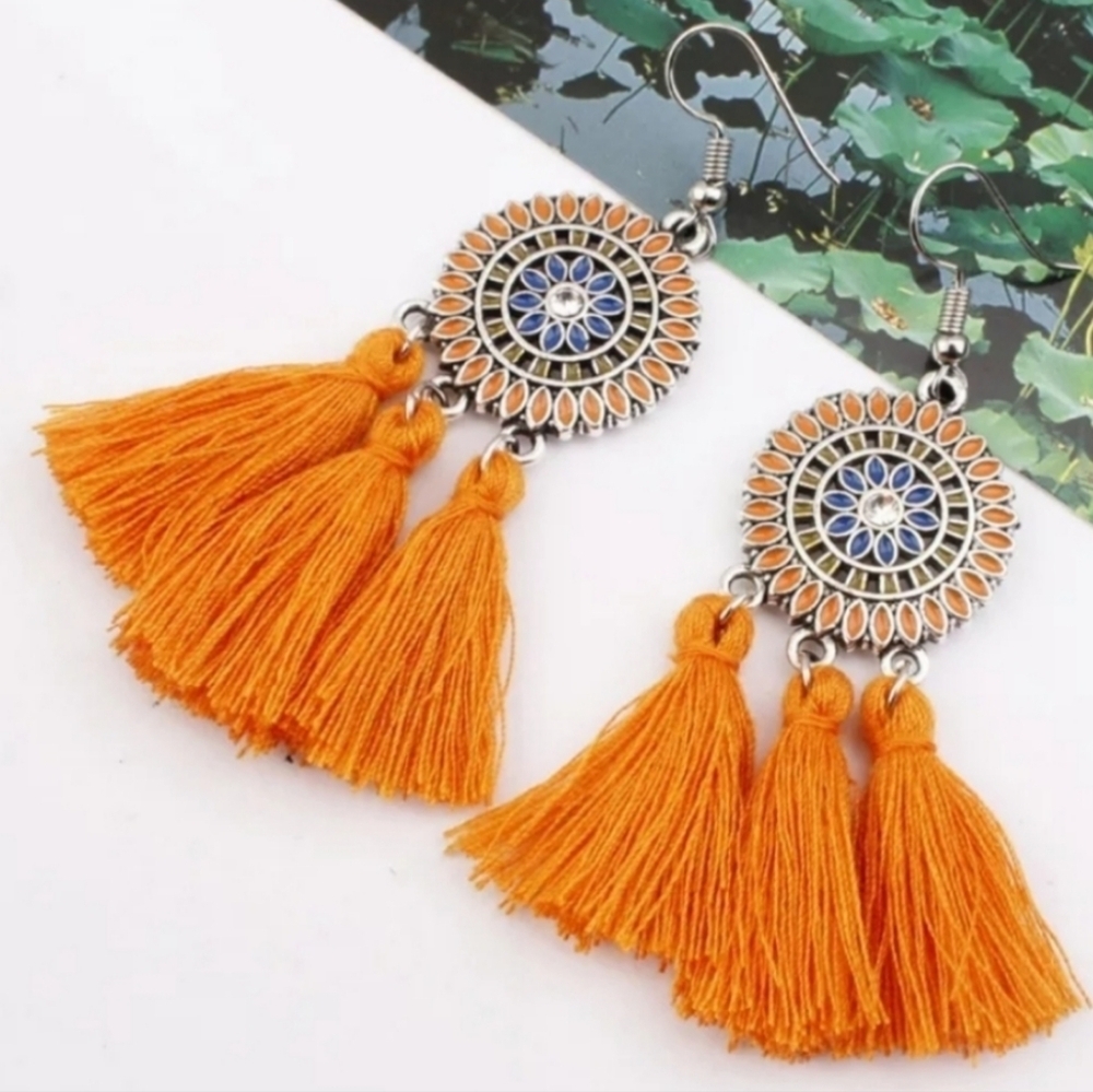 2/$40 NEW Orange Barbiecore Western‎ Tribal Tassel Dangling Earrings (#1,046)